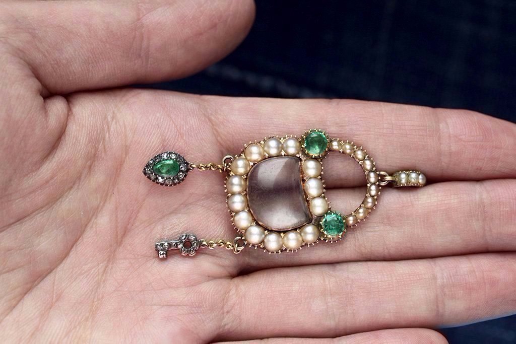 Georgian Emerald Pearl Diamond Padlock with Matching Chain