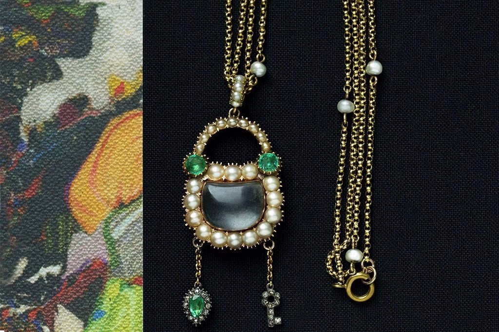 Georgian Emerald Pearl Diamond Padlock with Matching Chain