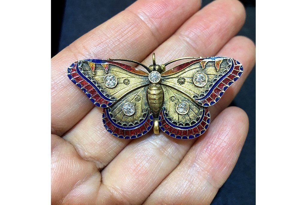 Art Nouveau Enamel Diamond Butterfly Brooch