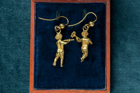 Art Nouveau 18K Gold Putti Cherub Earrings
