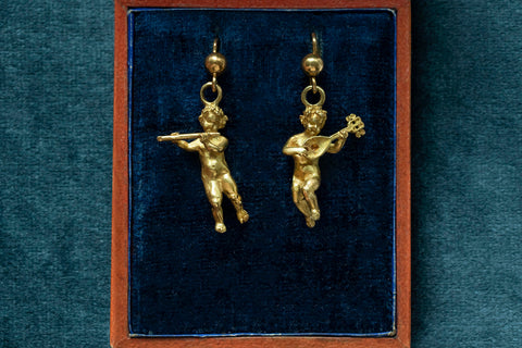 Art Nouveau 18K Gold Putti Cherub Earrings