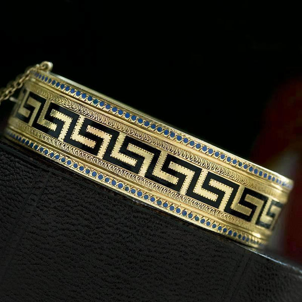 Victorian Greek Key Enamel Gold Bangle