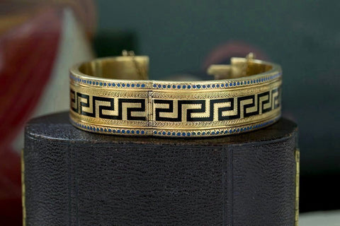 Victorian Greek Key Enamel Gold Bangle
