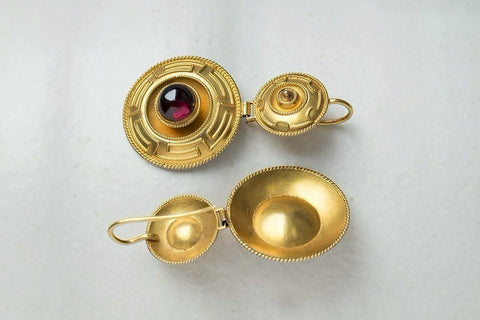Victorian Garnet and Greek Key Gold Earrings