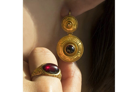 Victorian Garnet and Greek Key Gold Earrings