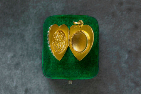 Green Enamel & Pearl Heart Locket