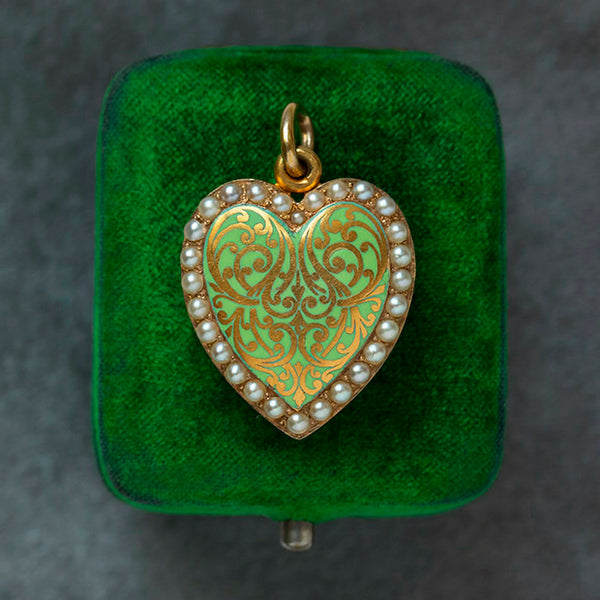 Green Enamel & Pearl Heart Locket