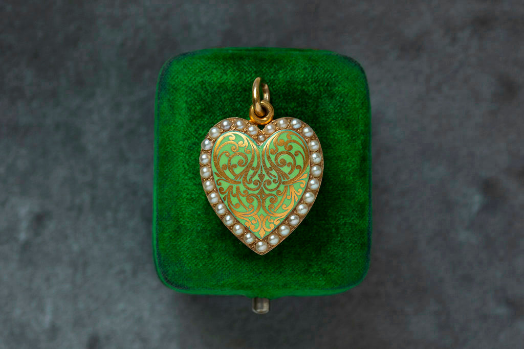 Green Enamel & Pearl Heart Locket