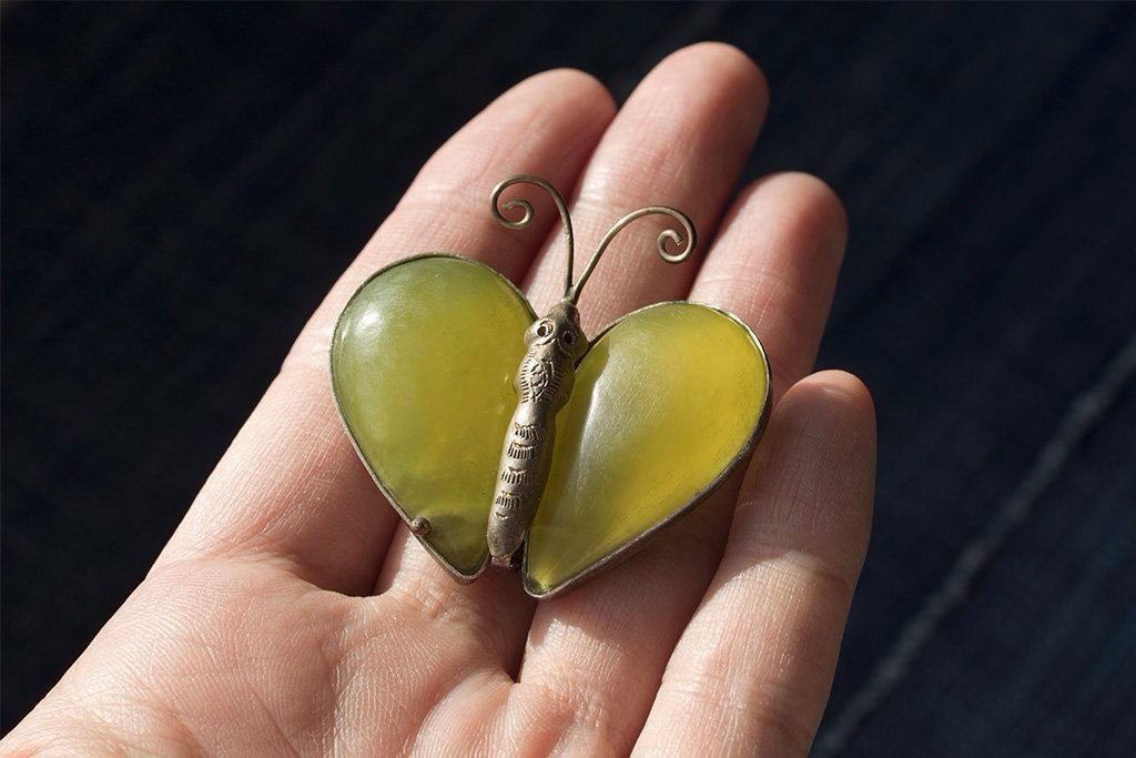 Green Amber Butterfly Brooch