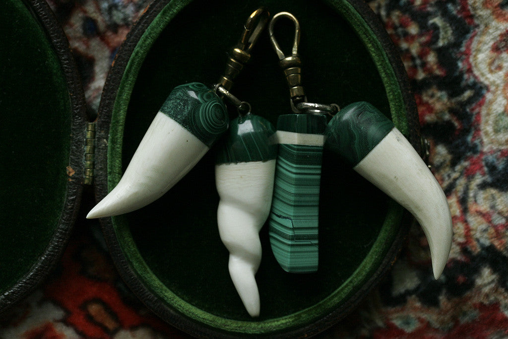 Malachite and Carved Bone Pendants