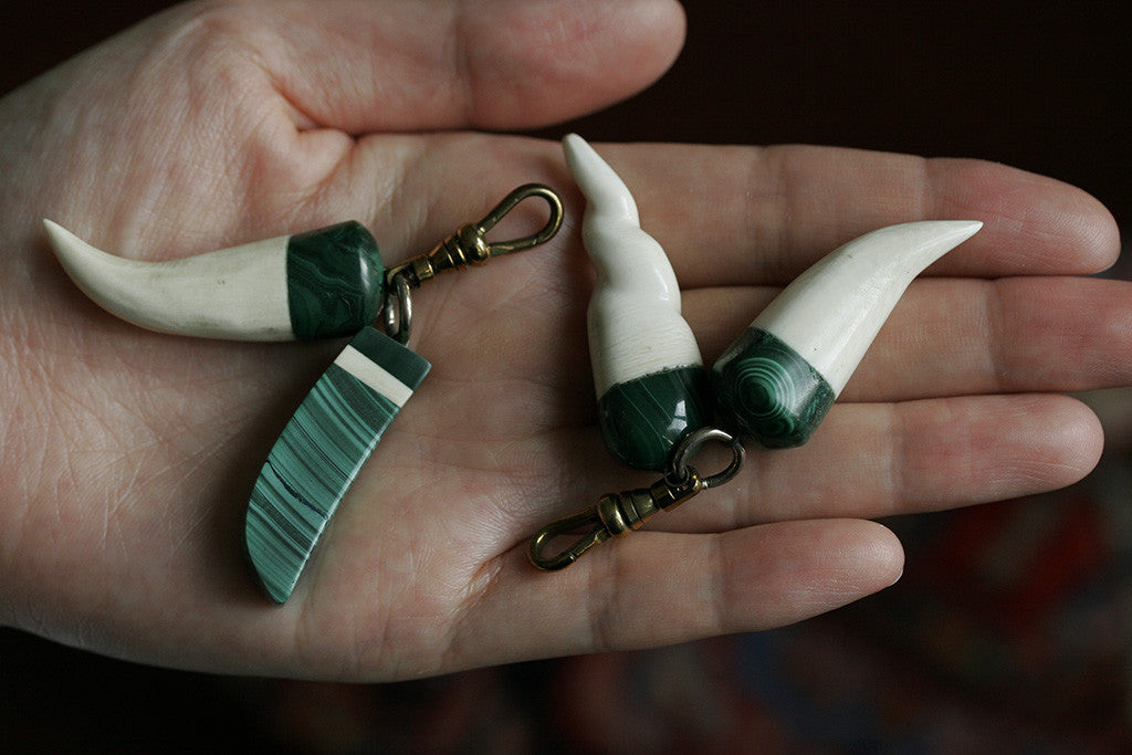 Malachite and Carved Bone Pendants