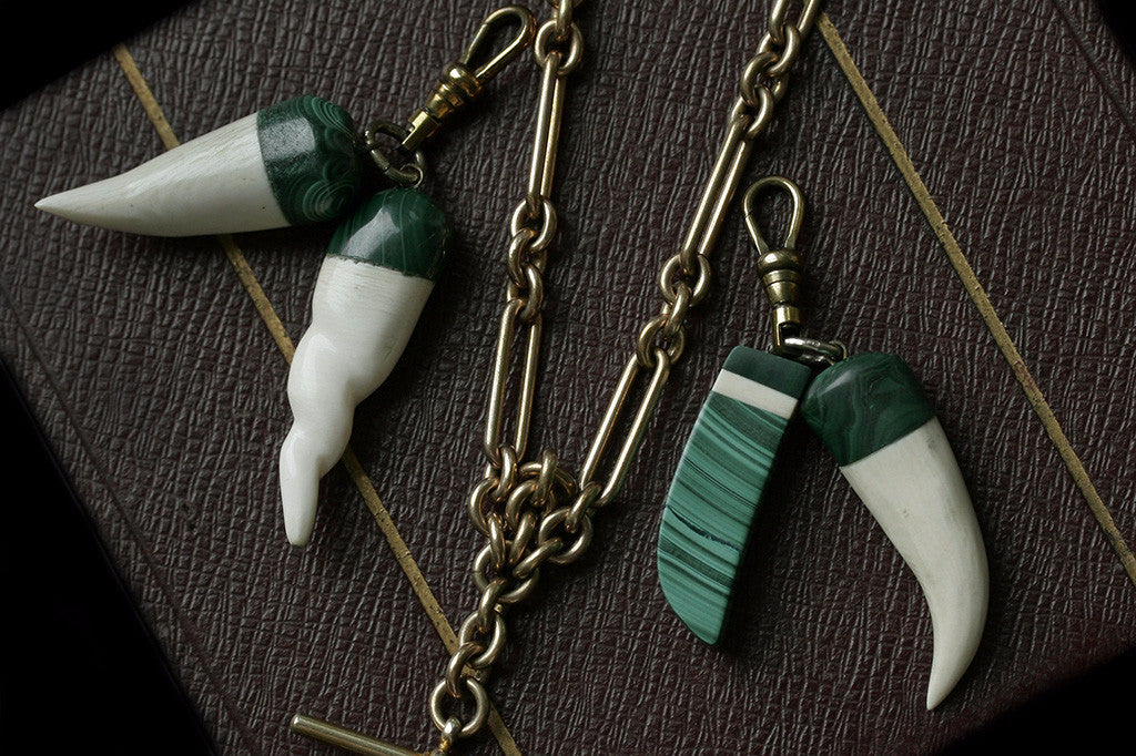 Malachite and Carved Bone Pendants