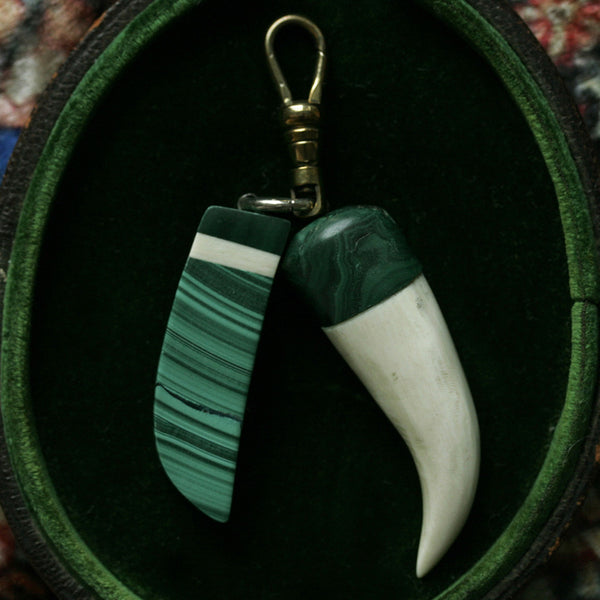 Malachite and Carved Bone Pendants
