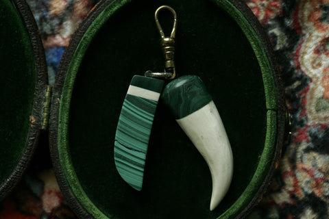 Malachite and Carved Bone Pendants