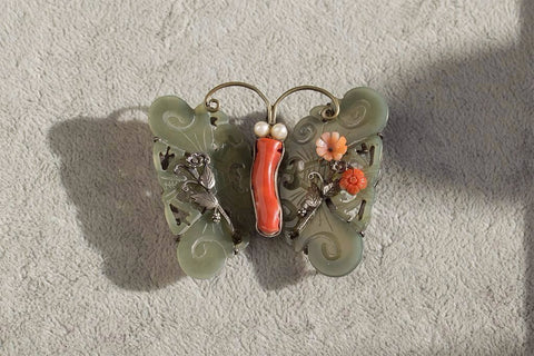 Jade Coral Pearl Large Butterfly Brooch/Pendant
