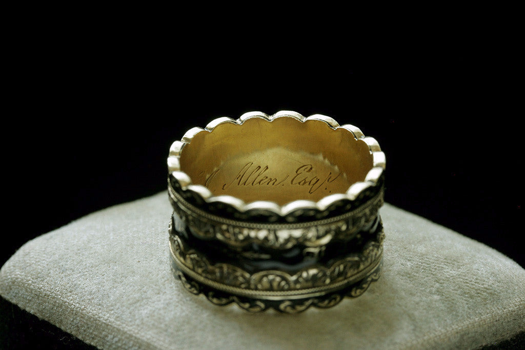 Black Enamel 'Lace' Wide Mourning Ring