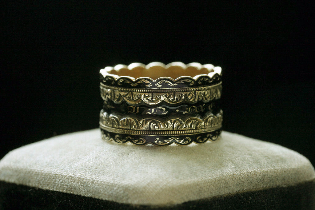 Black Enamel 'Lace' Wide Mourning Ring