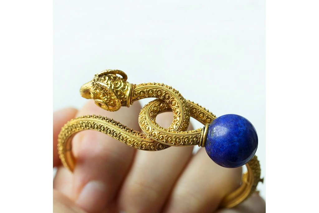 LAELIUS Antiques – Victorian Etruscan Revival Lapis & Ram's Head