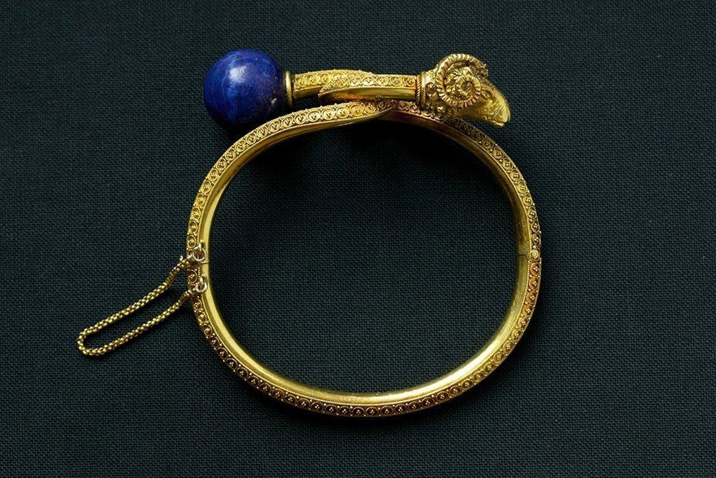 Victorian Etruscan Revival Lapis & Ram's Head Bangle