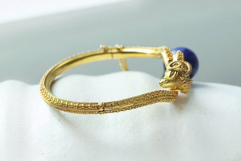 Victorian Etruscan Revival Lapis & Ram's Head Bangle