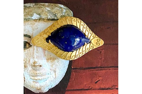 Egyptian Revival Carved Lapis & 18k Gold 'Eye' Brooch
