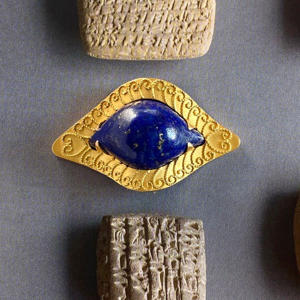 Egyptian Revival Carved Lapis & 18k Gold 'Eye' Brooch