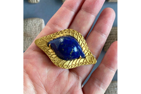 Egyptian Revival Carved Lapis & 18k Gold 'Eye' Brooch