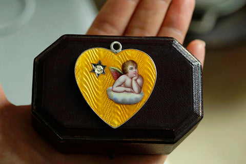 Large Enamel Heart Cherub Pendant