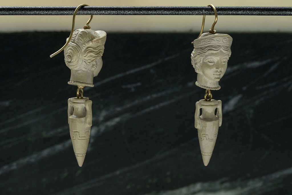 Victorian Carved Lava Cameo Drop Earrings