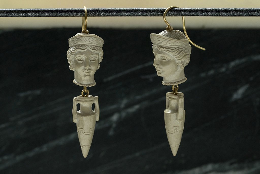 Victorian Carved Lava Cameo Drop Earrings