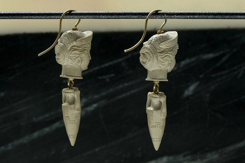 Victorian Carved Lava Cameo Drop Earrings