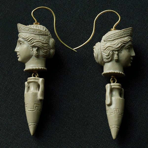 Victorian Carved Lava Cameo Drop Earrings