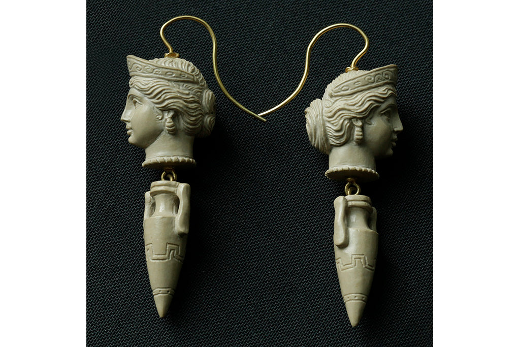 Victorian Carved Lava Cameo Drop Earrings