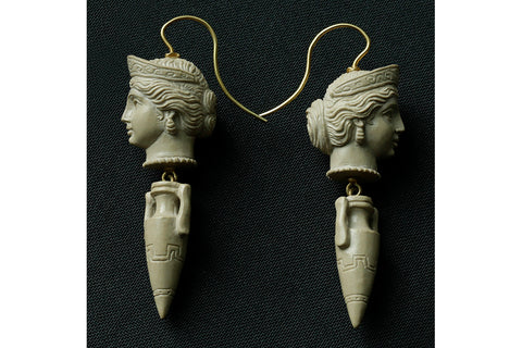 Victorian Carved Lava Cameo Drop Earrings