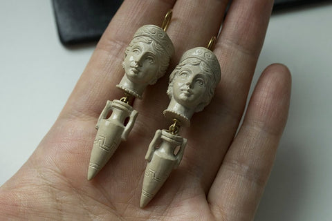 Victorian Carved Lava Cameo Drop Earrings