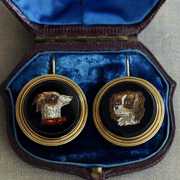 Mid-Victorian Micro Mosaic Puppy Earrings