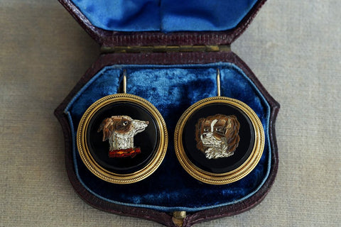 Mid-Victorian Micro Mosaic Puppy Earrings