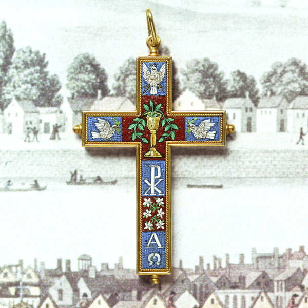C.1860. Micro Mosaic Gold Cross Pendant