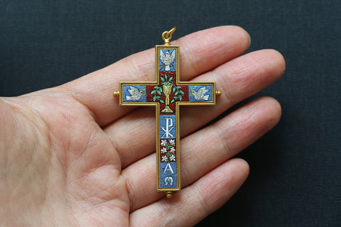C.1860. Micro Mosaic Gold Cross Pendant