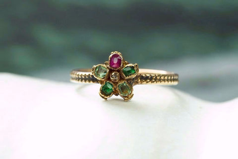Mid Victorian Emerald Ruby Flower Ring