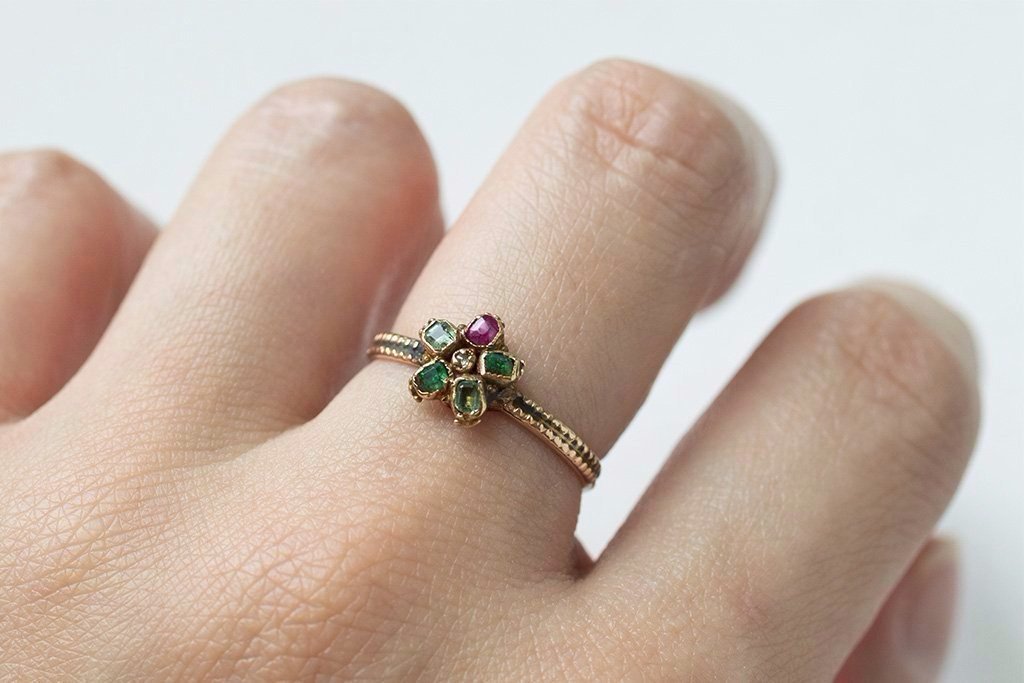 Mid Victorian Emerald Ruby Flower Ring