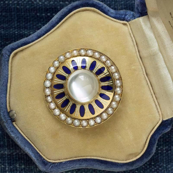 Victorian Moonstone Brooch with Blue Enamel and Pearl