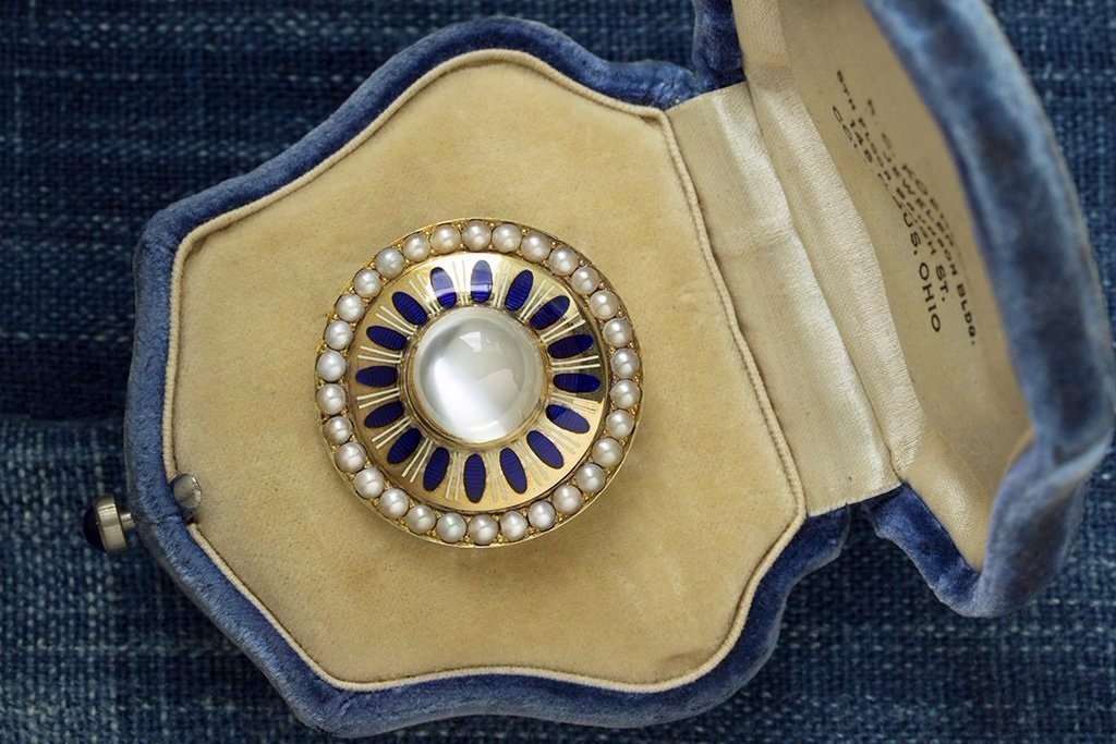 Victorian Moonstone Brooch with Blue Enamel and Pearl