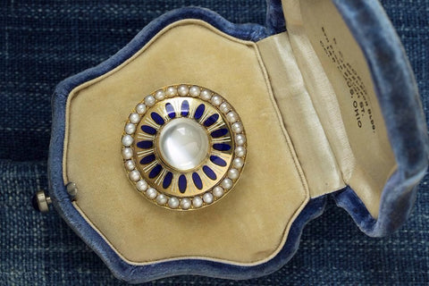 Victorian Moonstone Brooch with Blue Enamel and Pearl