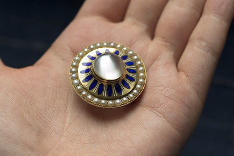 Victorian Moonstone Brooch with Blue Enamel and Pearl