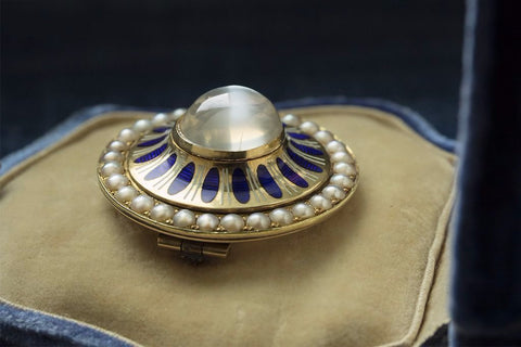 Victorian Moonstone Brooch with Blue Enamel and Pearl