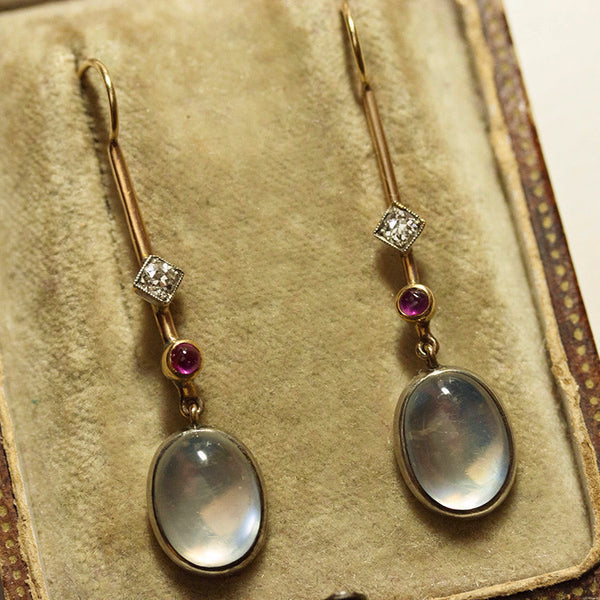 Edwardian 'Skate-Blade' Earrings with Moonstone, Diamond and Ruby