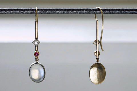 Edwardian 'Skate-Blade' Earrings with Moonstone, Diamond and Ruby