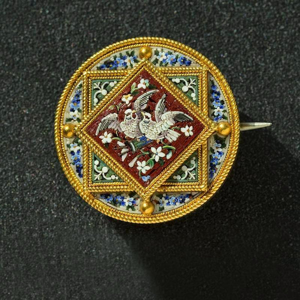 Victorian Micro Mosaic Birds and Flowers Pin