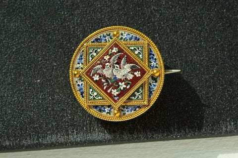 Victorian Micro Mosaic Birds and Flowers Pin